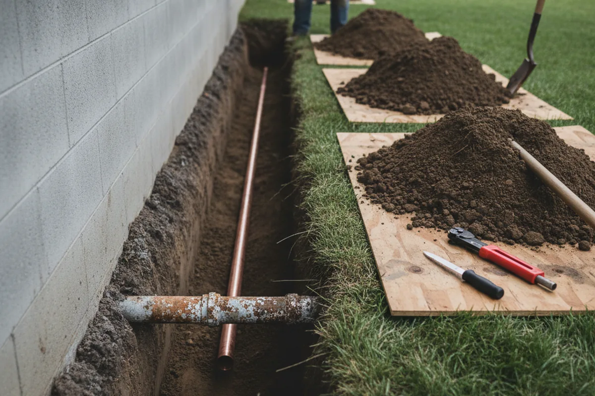 Excavated water line trench during Water Heater Repair in Divernon